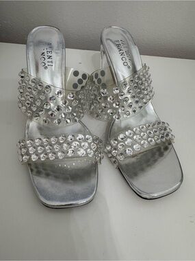 Valenti Franco Clear Rhinestone Double Strap Silver Slide Sandals Heels 7M